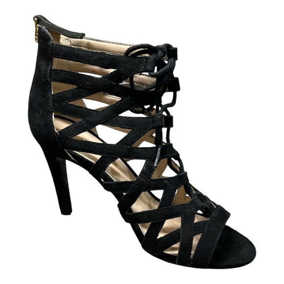 Nine West Authority Black Suede leather Peep Toe Cutout Heels Sz 6 (New)Strappy - Picture 5 of 12